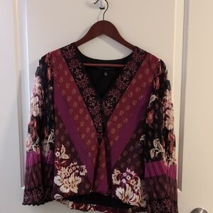 White House Black Market Burgundy and Black Patterned Blouse